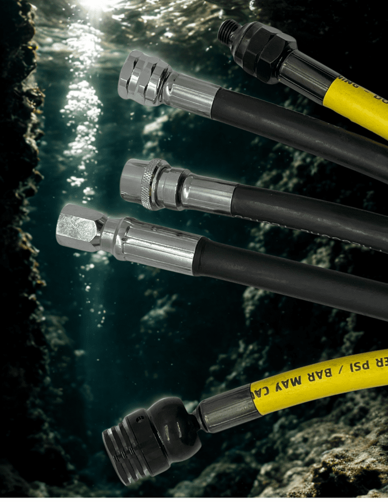 Underwater diving equipment with hoses and connectors.