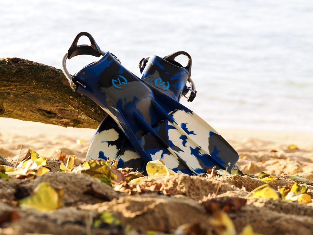 Blue flippers resting on sandy beach.